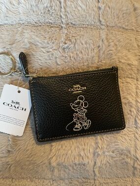 Coach Black Pebbled Leather Minnie Mouse Zip Card Case Keyring